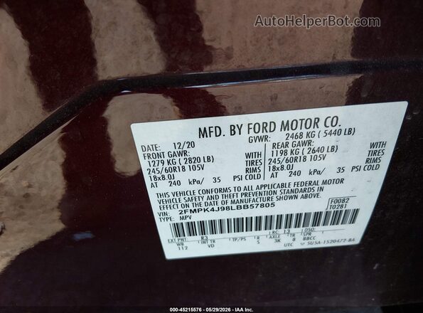 2FMPK4J98LBB57805 2020 FORD EDGE Burgundy Շարժիչի բաժամունքի տեսք