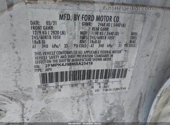 2FMPK4J98MBA25418 2021 FORD EDGE White 