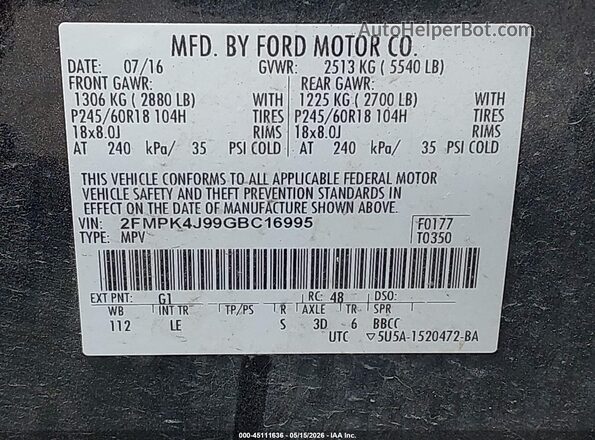2FMPK4J99GBC16995 2016 FORD EDGE Black Շարժիչի բաժամունքի տեսք
