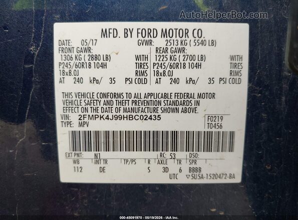 2FMPK4J99HBC02435 2017 FORD EDGE Blue Engine compartment view