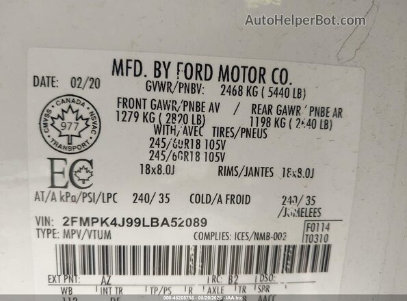 2FMPK4J99LBA52089 2020 FORD EDGE White Vista del compartimento del motor