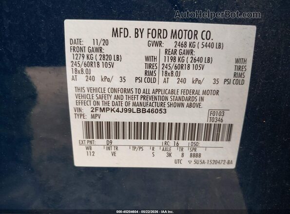 2FMPK4J99LBB46053 2020 FORD EDGE Blue ძრავის განყოფილების ხედი