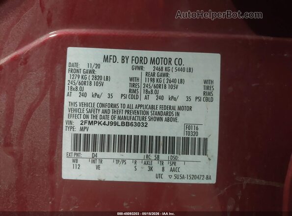2FMPK4J99LBB63032 2020 FORD EDGE Maroon 