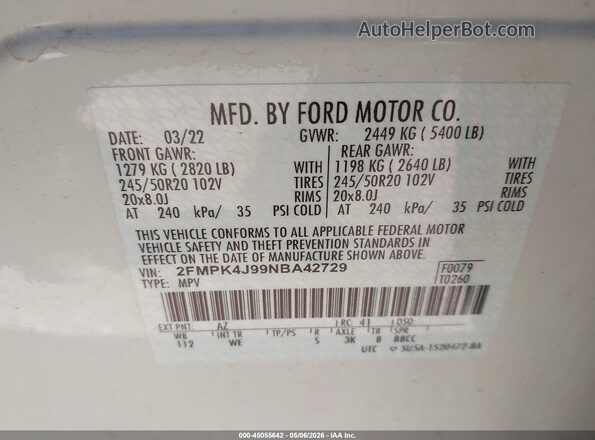 2FMPK4J99NBA42729 2022 FORD EDGE White 