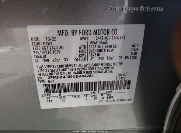 2FMPK4J99NBA94264 2022 FORD EDGE Серебряный Вид подкапотного пространства