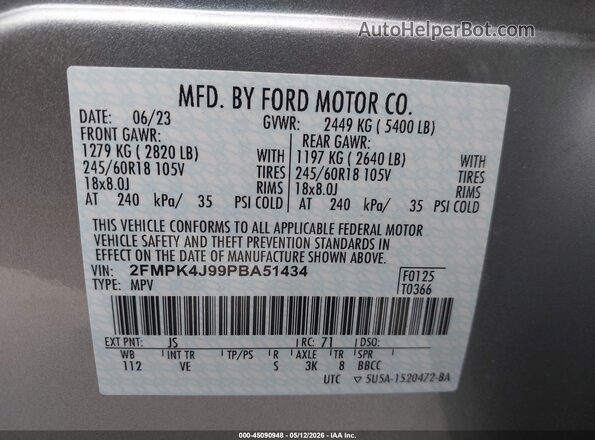 2FMPK4J99PBA51434 2023 FORD EDGE Silver Vista del compartimento del motor