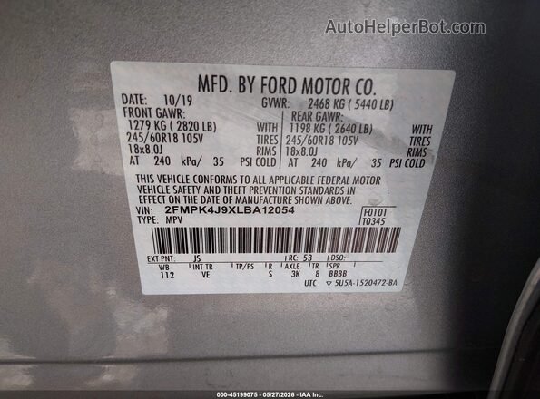 2FMPK4J9XLBA12054 2020 FORD EDGE Silver Շարժիչի բաժամունքի տեսք