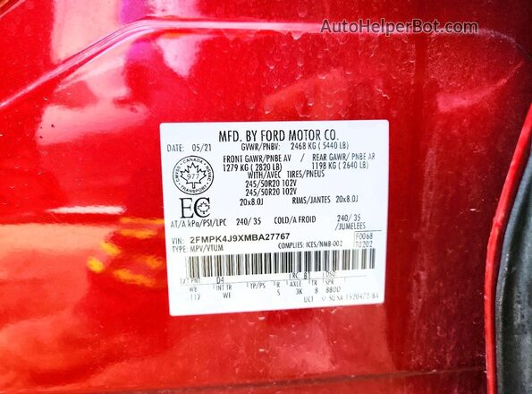 2FMPK4J9XMBA27767 2021 FORD EDGE Red 