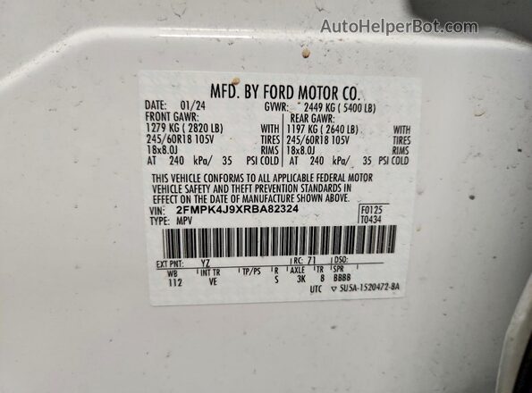 2FMPK4J9XRBA82324 2024 FORD EDGE White Widok naklejki z numerem VIN