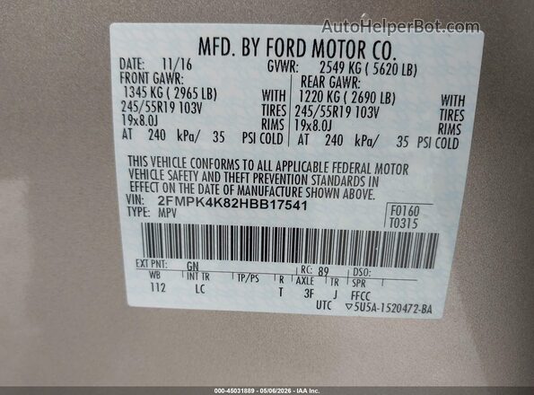 2FMPK4K82HBB17541 2017 FORD EDGE Champagne ძრავის განყოფილების ხედი