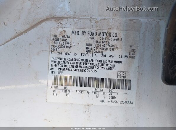 2FMPK4K83JBC01535 2018 FORD EDGE White Вид підкапотного простору