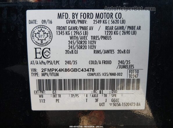 2FMPK4K86GBC43478 2016 FORD EDGE Black Engine compartment view