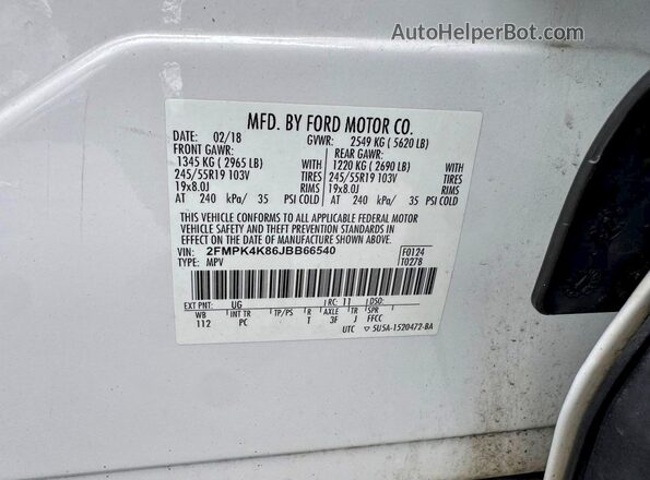 2FMPK4K86JBB66540 2018 FORD EDGE White Widok naklejki z numerem VIN