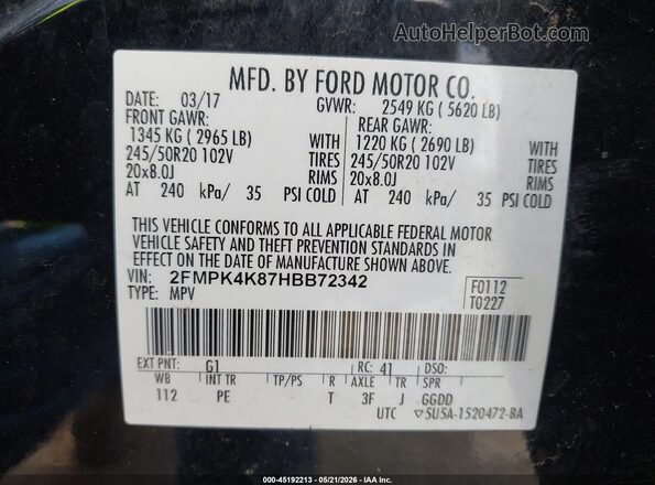2FMPK4K87HBB72342 2017 FORD EDGE Black Widok komory silnika