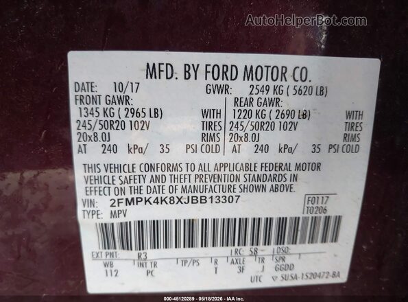 2FMPK4K8XJBB13307 2018 FORD EDGE Burgundy Շարժիչի բաժամունքի տեսք