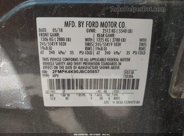 2FMPK4K90JBC05857 2018 FORD EDGE Gray Widok komory silnika