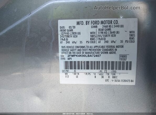 2FMPK4K90LBA72407 2020 FORD EDGE Gray Engine compartment view
