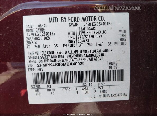 2FMPK4K90MBA40929 2021 FORD EDGE Burgundy Engine compartment view