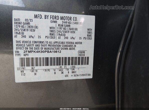 2FMPK4K90PBA19812 2023 FORD EDGE Gray Engine compartment view