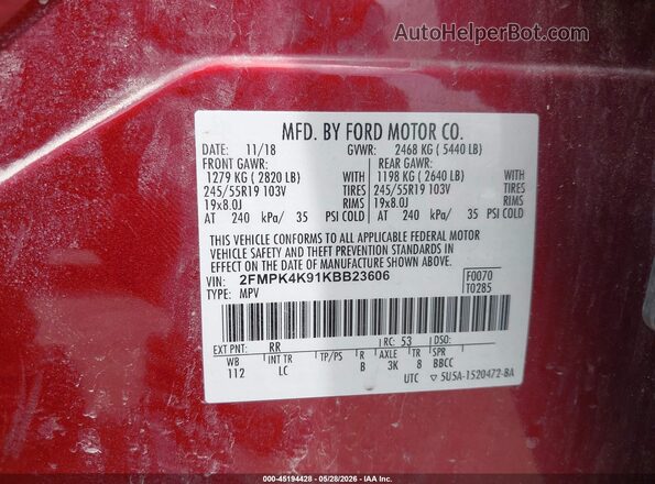 2FMPK4K91KBB23606 2019 FORD EDGE Red 