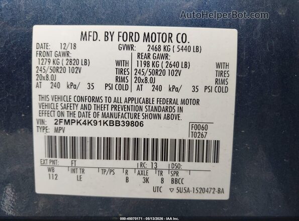 2FMPK4K91KBB39806 2019 FORD EDGE Blue Widok komory silnika