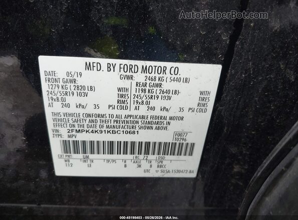 2FMPK4K91KBC10681 2019 FORD EDGE Черный Вид подкапотного пространства