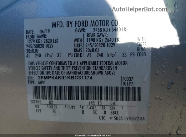2FMPK4K91KBC31174 2019 FORD EDGE Silver Вид підкапотного простору