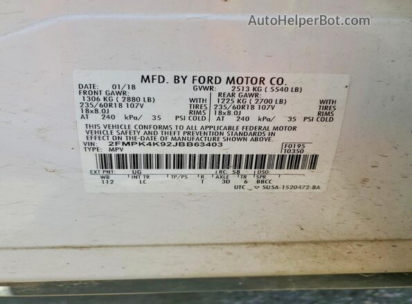 2FMPK4K92JBB63403 2018 FORD EDGE Белый 