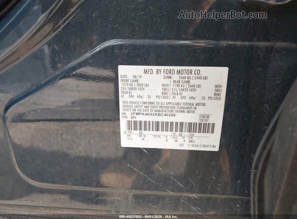 2FMPK4K92KBC46296 2019 FORD EDGE Blue Շարժիչի բաժամունքի տեսք