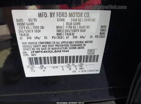 2FMPK4K92LBA81044 2020 FORD EDGE Black 