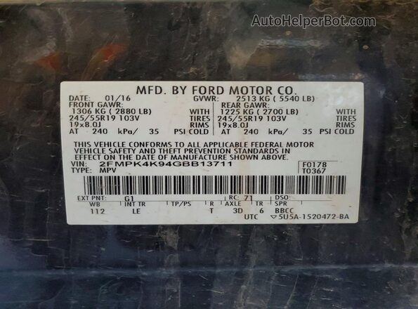 2FMPK4K94GBB13711 2016 FORD EDGE Black 
