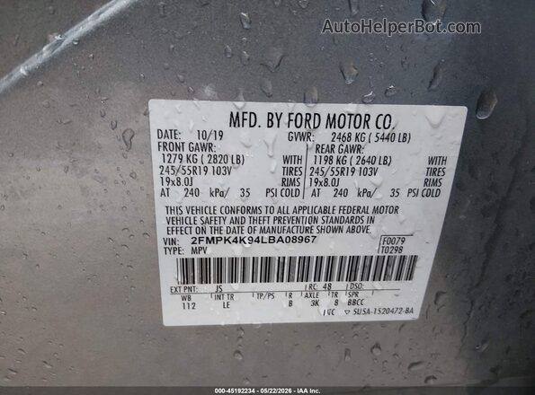 2FMPK4K94LBA08967 2020 FORD EDGE Silver Շարժիչի բաժամունքի տեսք