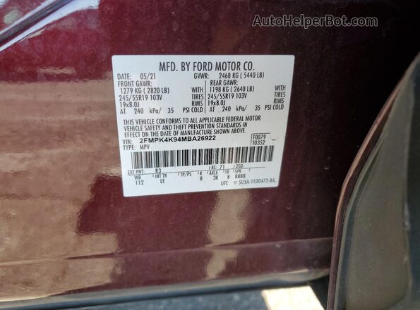 2FMPK4K94MBA26922 2021 FORD EDGE Maroon Widok wnętrza 360 stopni