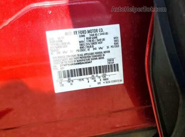 2FMPK4K94MBA36947 2021 FORD EDGE Red 