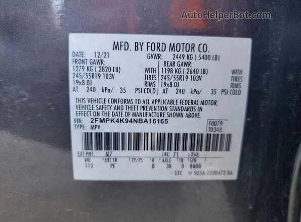 2FMPK4K94NBA16165 2022 FORD EDGE Gray 