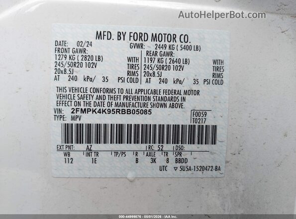 2FMPK4K95RBB05085 2024 FORD EDGE Белый Вид подкапотного пространства