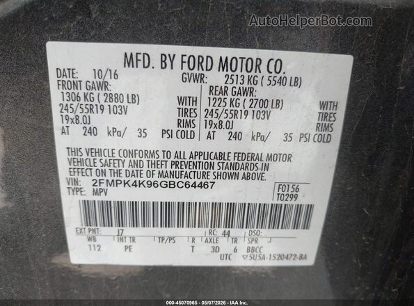 2FMPK4K96GBC64467 2016 FORD EDGE Gray ძრავის განყოფილების ხედი