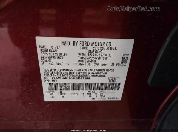 2FMPK4K96HBB43388 2017 FORD EDGE Red Вид підкапотного простору