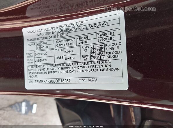 2FMPK4K96JBB18254 2018 FORD EDGE Red ძრავის განყოფილების ხედი