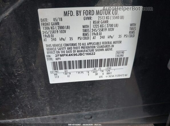 2FMPK4K96JBC16622 2018 FORD EDGE Black ძრავის განყოფილების ხედი