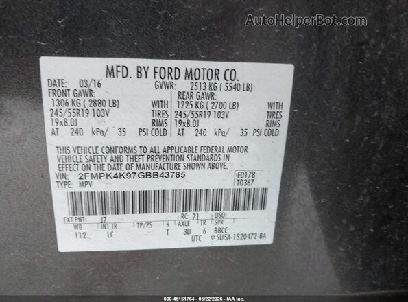 2FMPK4K97GBB43785 2016 FORD EDGE Gray Engine compartment view