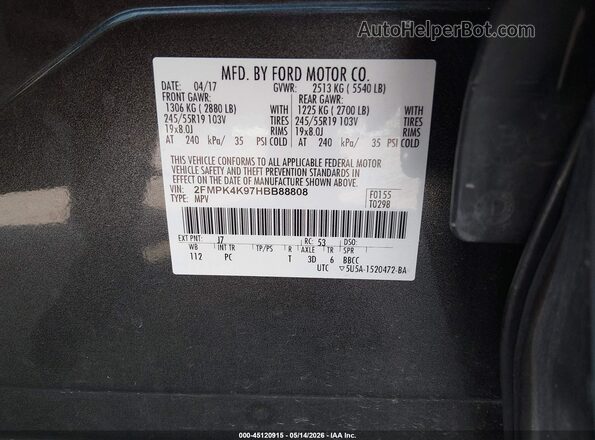 2FMPK4K97HBB88808 2017 FORD EDGE Gray 