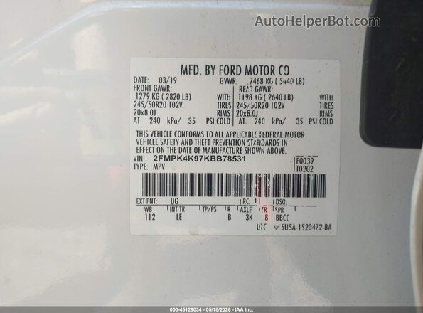 2FMPK4K97KBB78531 2019 FORD EDGE White Vista del compartimento del motor