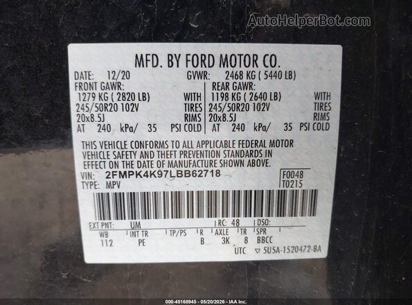2FMPK4K97LBB62718 2020 FORD EDGE Black ძრავის განყოფილების ხედი