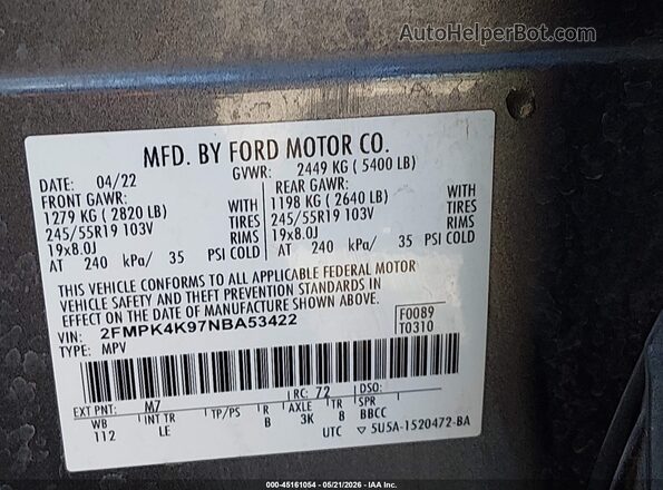 2FMPK4K97NBA53422 2022 FORD EDGE Gray 