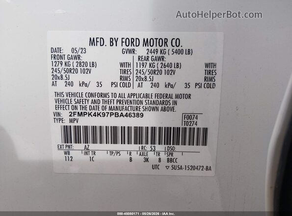 2FMPK4K97PBA46389 2023 FORD EDGE White Engine compartment view