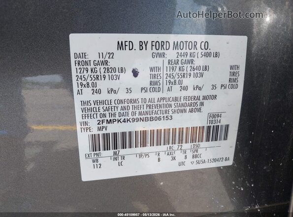 2FMPK4K99NBB06153 2022 FORD EDGE Gray Vista del compartimento del motor