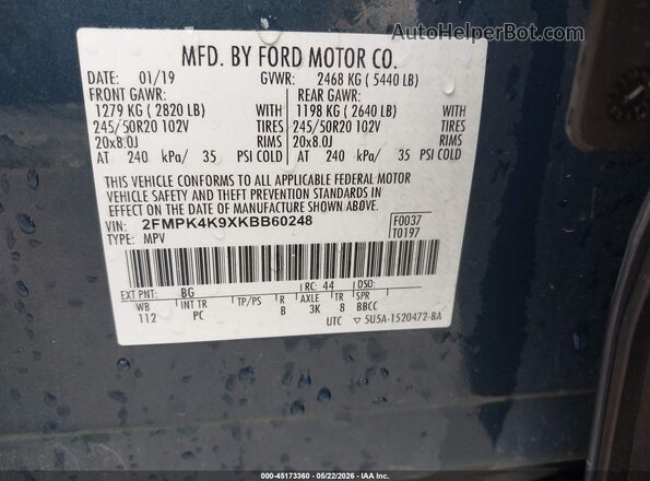 2FMPK4K9XKBB60248 2019 FORD EDGE Blue Вид підкапотного простору