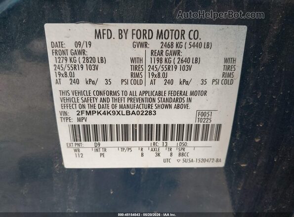 2FMPK4K9XLBA02283 2020 FORD EDGE Blue Engine compartment view