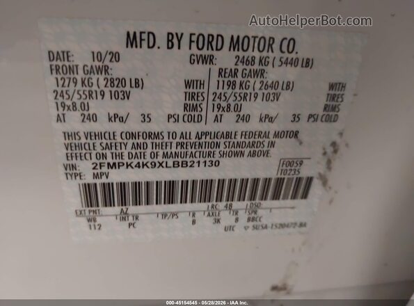 2FMPK4K9XLBB21130 2020 FORD EDGE White Engine compartment view
